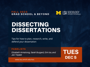 White and orange text over a dark blue textured background describing event details. The LSA logo is on the upper right corner and the department website is listed on the bottom: www.lsa.umich.edu/soc