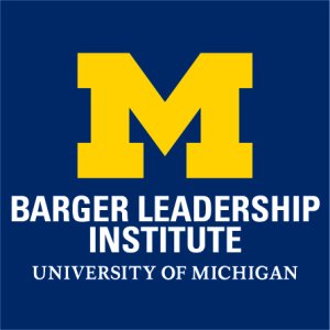 Blue background with yellow Block M, with white text underneath reading "Barger Leadership Institute University of Michigan"