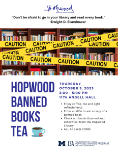 Flyer with image of caution tape over bookshelves