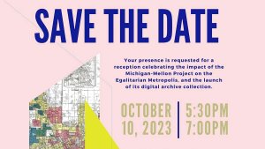 Pink background with blue text, Save the Date, October 10, 2023, 5:30 to 7:00 PM