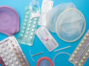 Selection of reproductive health supplies: pills, diaphragm, condoms, vaginal ring, IUD, implant, dmpa, emergency contraception, contraceptive pills