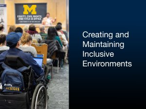 Diverse audience listening to a speaker, Equity, Civil Rights and Title IX logo on a black board, talk title: Creating and Maintain Inclusive Environments