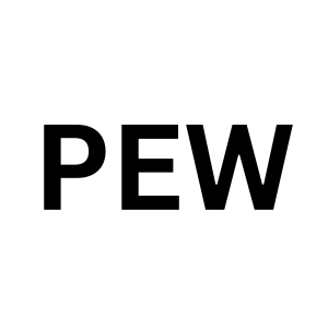White background with black bold letters spelling 'PEW'