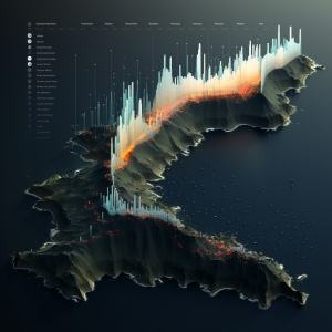 AI-Generated image, land mass with data visualization overlaid