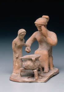 Woman cooking watched by a girl, 500-475 BCE, Boeotian terracotta.