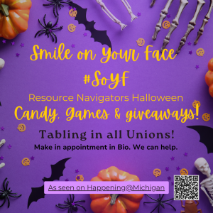 Photo graphic of purple surface with scattered Halloween objects: skeleton, bat, pumpkin, spiders, bugs.