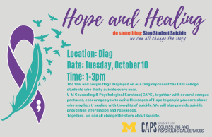 Flyer with details of event written in purple and teal on a light gray background. Purple and Teal suicide prevention ribbon on the left of the flyer. CAPS maize and blue logo in the bottom right corner of flyer.