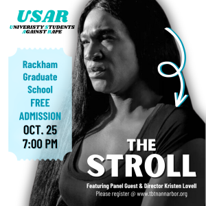 The image contains a black trans woman looking to the side of the camera. The image also contains the University Students Against Rape logo and information about the event.
