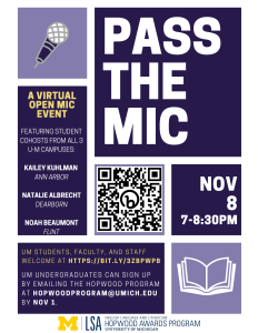 Event flyer with images of a book and microphone