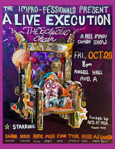 Poster features frightened frat guy on a chair of trinkets in front of a purple background