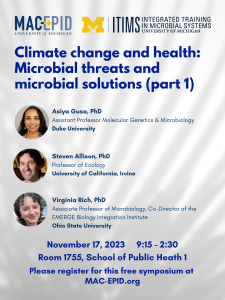 flyer with pertinent info.  White and grey background, dark blue lettering, images of the speakers and logos of MAC-EPID and ITiMS.