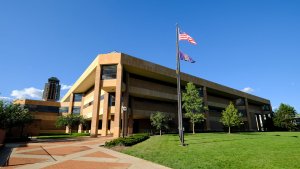 Outside of the Duderstadt Center on a sunny day.
