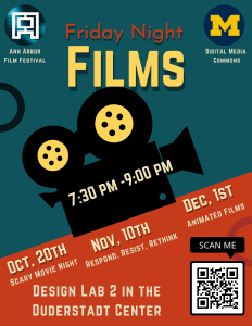 The flyer for Friday Night Films features an icon of a 16mm film projector