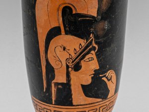 Close-up of a red-figure lekythos vessel with Athena in her helm.