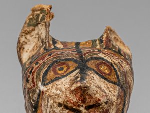 Detail of cat mummy head showing patterns of black, red, and yellow paint.