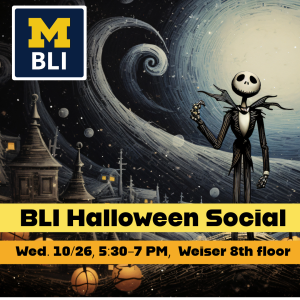 Nightmare Before Christmas Background with BLI square blue logo, event information October 25, 5:30-7 pm, Weiser 8th floor
