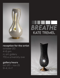 BREATHE gallery poster showing two ceramic pieces illuminated from within.