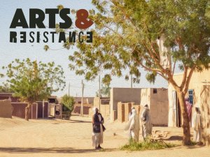 Digital illustration of a Sudanese village. A group of people stand under a tree, while one individual stands in the branches. A logo in the top left corner reads “Arts & Resistance.”
