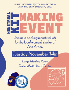 Promotional infographic for 'Menstrual-Kit Packaging' event with the Black Maternal Equity Collective & Zeta Phi Beta Sorority, Inc.