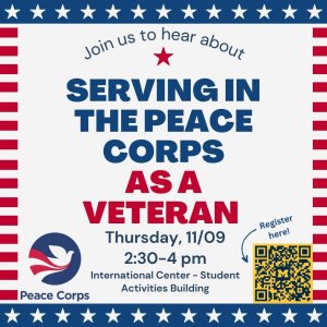 Red, white, and blue image that reads, "Join us to hear about serving in the Peace Corps as a Veteran"