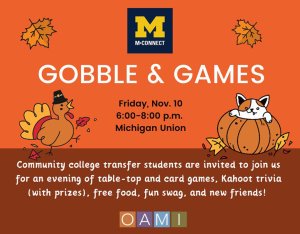 Event flier with a cartoon turkey, pumpkin, and falling leaves