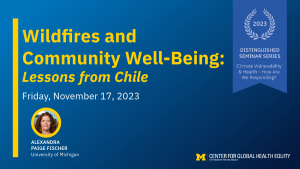 A blue graphic advertising an upcoming lecture hosted by the Center of Global Health Wildfires & Community Wellbeing. Equity at the University of Michigan titled Wildfires and Community Well-Being: Lessons from Chile.