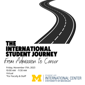 White background, black road with "The International Student Journey" written on it.