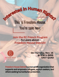 A flyer describing Freedom House Detroit with linked hands in the background