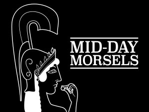 A graphic with an illustration of Athena in her helm holding food near her mouth. White text reads “Mid-Day Morsels.”