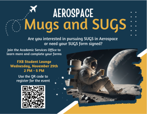Blue and Yellow Background with an astronaut drinking coffee. Text: Mugs and SUGs