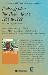 Event poster with image of smiling African American woman wearing a straw hat in a cityscape