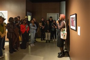 Stamps Student Brianna Fox talking about their award-winning artwork in the 2023 Under­grad­u­ate Juried Exhi­bi­tion.