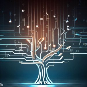 an abstract tree that looks like brushed nickel pipes that lead from roots to the trunk to branches that lead to lights and symbols at the end on a dark blue background