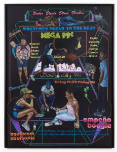 Poster with multiple illustrations of people engaged in different activities.