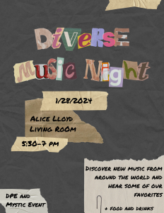 Event flyer that reads, "Discover new music from around the world and hear some of our favorites + food and drinks""