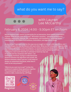 Pink background featuring event title in message bubble, description, and pink-toned image of Lauren Lee McCarthy.