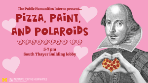 Pink event flyer with Shakespeare making a hand heart