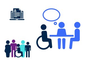 Resume on a laptop, group of job applicants, and a job applicant in a wheelchair being interviewed at a table by two other people.
