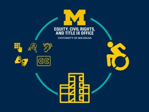 Block M logo for Equity, Civil Rights, and Title IX Office linking to a person in a wheelchair, a departmental building, and a group of accessibility icons.