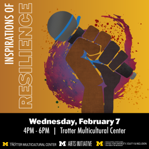 Power fist in the middle holding a microphone. Title "Inspirations of Resilience" with the event details on the bottom of the graphic.