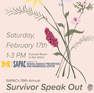 A flier for SAPAC Speak Out with a bouquet of wild flowers