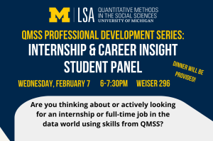QMSS Professional Development Series: Internship & Career Insight Student Panel. Wednesday, February 7 from 6-7:30pm in Weiser 296. Dinner will be provided.