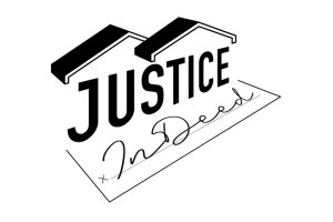 Justice is holding up a roof, In Deed is written as a signature.