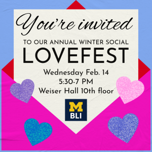 Bright Pink and red envelope open to an invitation for BLI's annual winter social, LOVEFEST. Glitter heart stickers adorn the envelope with a light purple background.