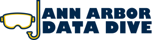 Image of maize and blue outlined swim goggles and a snorkel, to the left of blue block letters saying "Ann Arbor Data Dive"