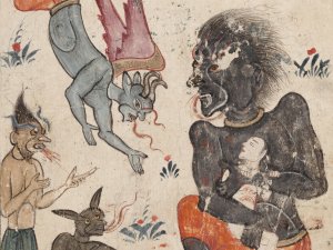 Page from the Arabic manuscript “Kitāb al-Bulhān” (“Book of Wonders”) showing the she-demon Tabi‘a assisting with childbirth, surrounded by animal-faced figures.