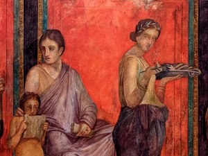 Section of the Kelsey Museum’s Villa of the Mysteries watercolor reconstruction showing a seated woman, a child, and a female servant carrying a platter with food.