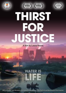 Image has text in large, white block letters saying the title "Thirst for Justice" and the secondary text in gray block letter says "Water is Life". The image shows the sun setting behind four nuclear reactor towers, and in the foreground is polluted water with trash and discarded items.
