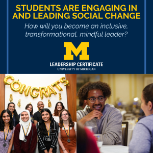 square image with dark blue background. small sqare image of a group of LC grads and an image of a current student smiling and talking to another student. Text at the top: STUDENTS ARE ENGAGING IN AND LEADING SOCIAL CHANGE How will you become an inclusive, transformational, mindful leader? below text is the LC logo