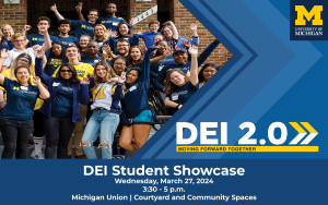 A group of University of Michigan students with arms raised in celebration. DEI Student Showcase, Wednesday, March 27, 2024, 3:30 - 5:00 pm. Michigan Union, Courtyard and Community Spaces